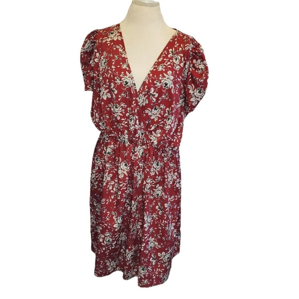 New Look Plus Size 22 Red Floral Fit n Flare Dress V-neck Lightweight Faux Wrap